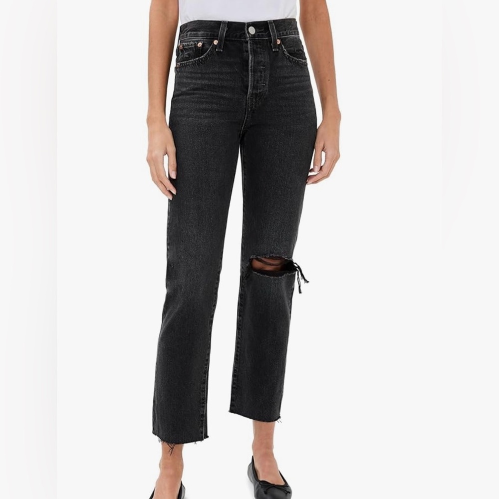 Levi's Wedgie Straight Distressed Button Fly Faded Black Denim Y2K Jean Sz 24